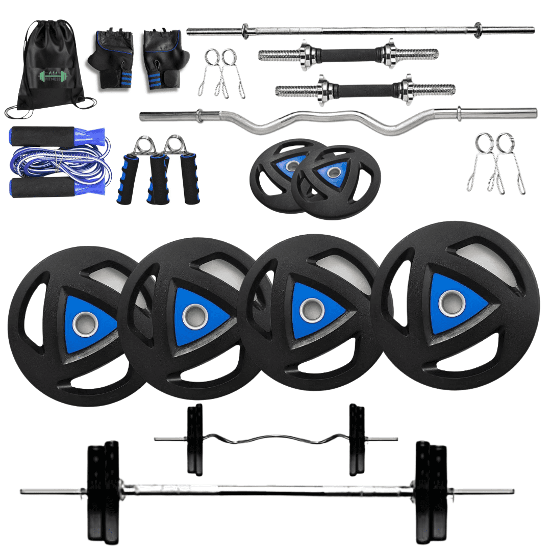 FIRE FITNESS Home Gym Combo Metal integreated (10KG combo) Rubber Weight Plates (30mm Hole) with gym multi accessories 3ft Curl Rod)5ft Straight Rod and star nut dumbbelle rod for home